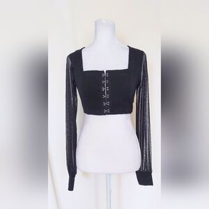 Nasty Gal Sheer Sleeve Hook and Eye Crop Top Shirt Black Size 0